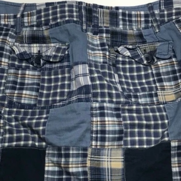 LOFT Patchwork Skirt Women Sz 12 Blue Madras Lined Zipper Button Pockets Preppy - Picture 7 of 10